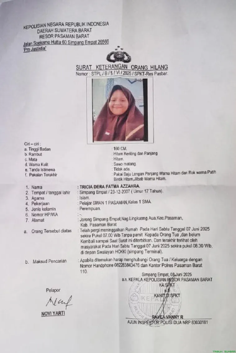 Tricia Dera Fatma Azzahrah (17), siswi SMAN 1 Pasaman, dilaporkan hilang sejak Sabtu (7/6/2025). Terakhir terlihat di sekitar Hoki Swalayan, Simpang Empat. (Foto: Ist)