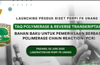 Dr. dr. Andani Eka Putra, MSc bersama tim PDRPI FK Unand meluncurkan produk bioteknologi Taq Polimerase dan Reverse Transcriptase sebagai terobosan lokal menuju kemandirian diagnostik molekuler. (Foto: Ist)