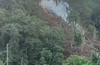 Asap putih membumbung dari lereng Bukit Langkisau saat petugas BPBD, Damkar, TNI, Polri, dan warga berjibaku memadamkan kebakaran lahan, Rabu (9/7/2025). (Foto: Ist)