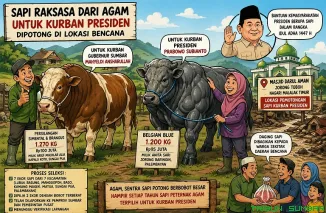 Sapi jenis Belgian Blue berbobot sekitar 1,2 ton milik peternak Agam yang terpilih sebagai hewan kurban Presiden Prabowo Subianto untuk disalurkan ke daerah terdampak bencana hidrometeorologi pada Idul Adha 1447 Hijriah. (Foto: Ist)