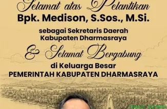 Sekretaris Daerah (Sekda) Definitif Kabupaten Dharmasraya, Medison, S.Sos., M.Si, usai mengikuti prosesi pelantikan di Auditorium Dharmaraya, Pulau Punjung, Kamis (7/5/2026). (Foto: Ist)