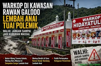 Suasana bangunan warung kopi (Warkop) yang berdiri di kawasan sempadan Sungai Batang Anai, Jalan Lintas Padang--Bukittinggi, Selasa (12/5/2026). (Foto: Ist)