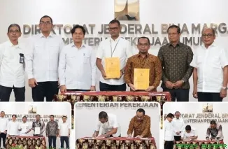 Prosesi penandatanganan kontrak penanganan tanggap darurat bencana antara Hutama Karya dengan perwakilan Kementerian Pekerjaan Umum di Jakarta, Kamis (2/7/2026). (Foto: Ist)