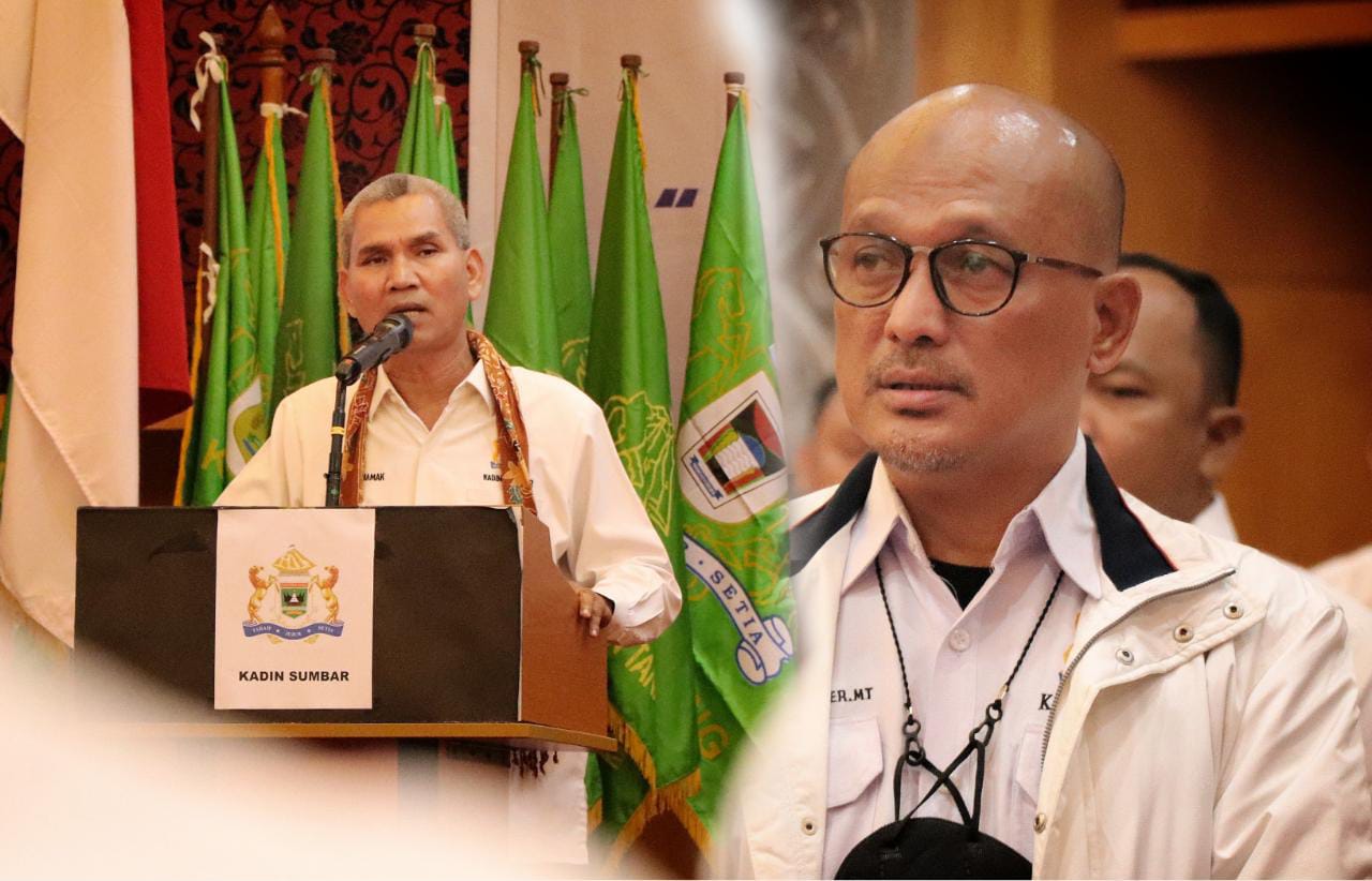 Masrizal Mamak (kiri) selaku Ketua Tim SAVE KADIN Sumbar ungkap dugaan pelanggaran fatal  dari Ketum KADIN Sumbar terpilih Buchari Bachter (kanan) Minggu 9 Oktober 2022. (grp) 